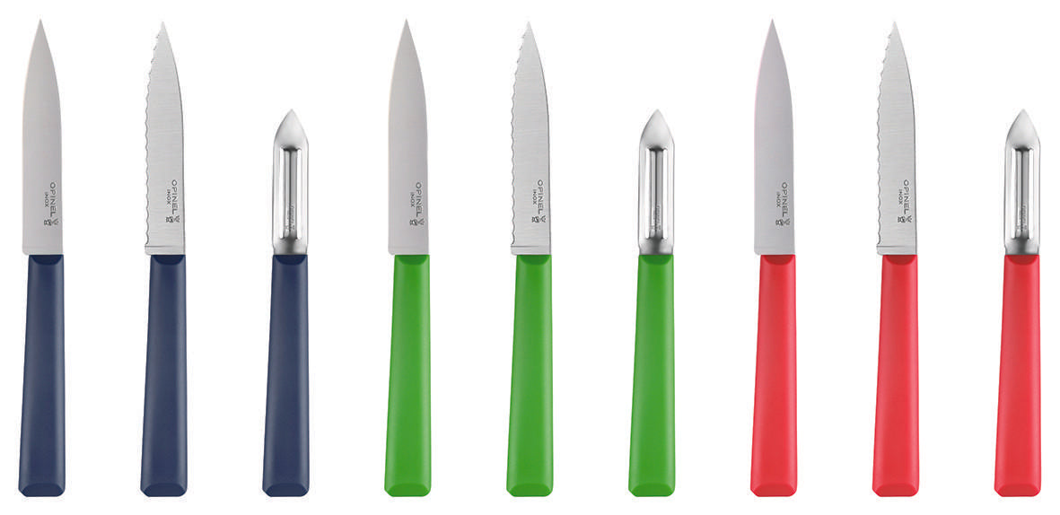 Opinel SET 3ks - modrý krájecí nůž 10cm, zelený zoubkovaný 10cm, oranžová škrabka 002359