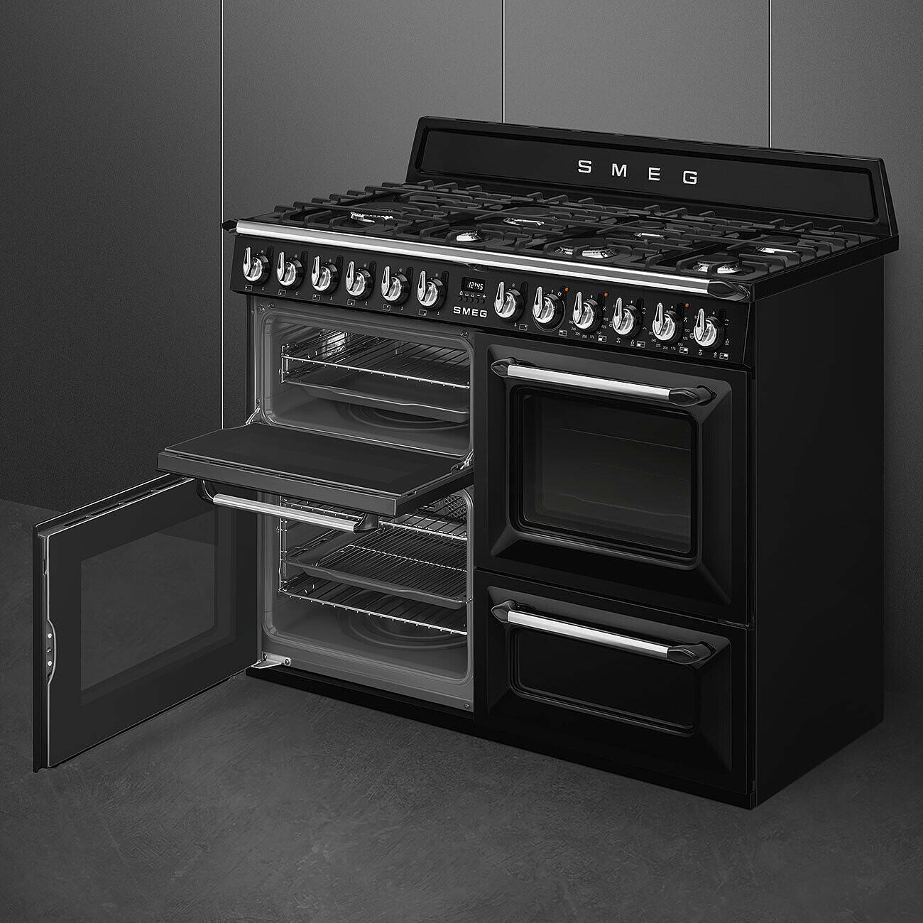SMEG_MDA Victora kombinovaný sporák TR4110 s plyn. deskou a horkovzdušnou troubou, 110cm, černá TR4110BL1